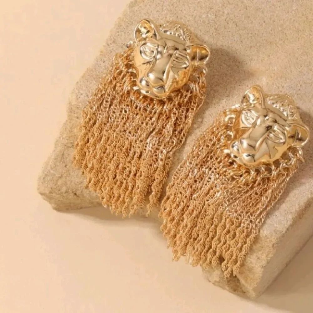 Gold Lion Head Earrings Tassel Fringe